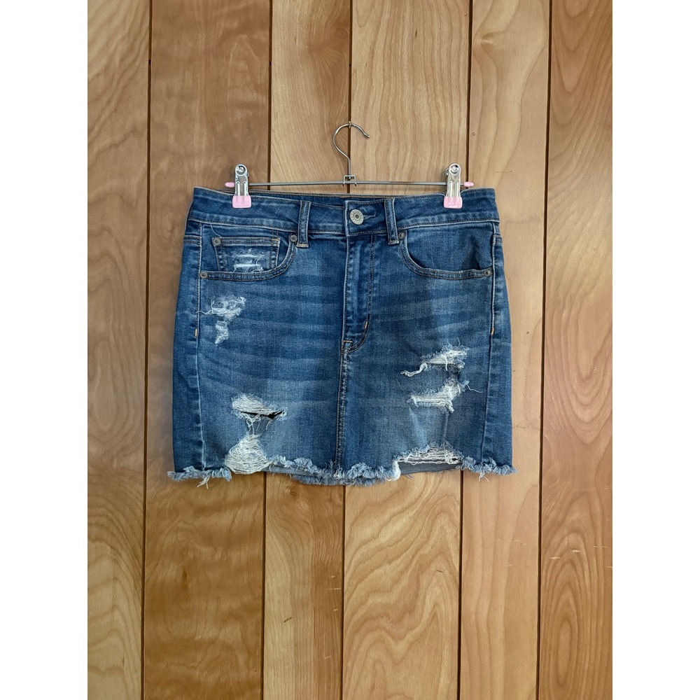 American Eagle Hi-Rise Mini Denim Skirt Distressed Raw Hem Blue Women 6 Short